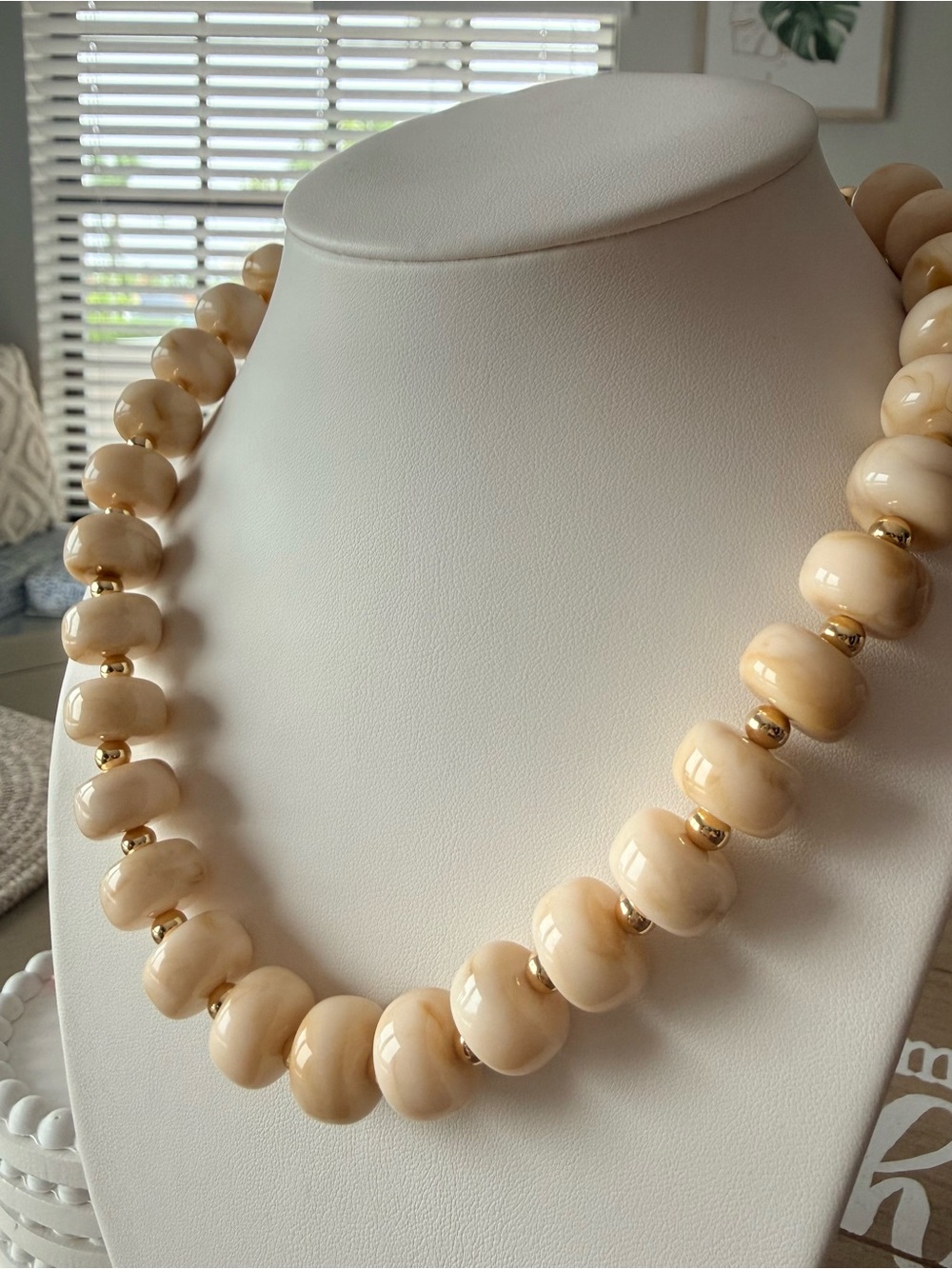 Cream Beaded Necklace With Gold Spacers - Unbranded